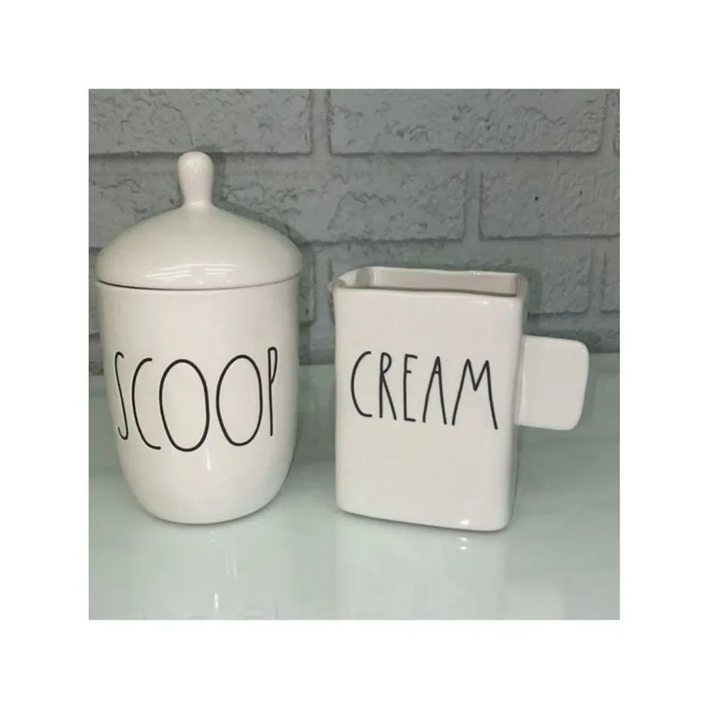 RAE DUNN White Ceramic Scoop Sugar Jar With Lid  + Cream Cup Coffee Set